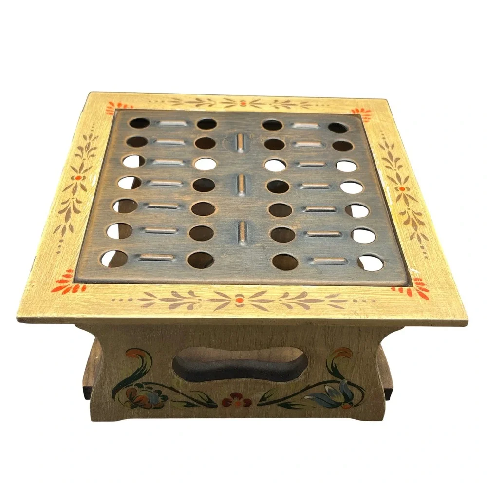 Vintage ANRI wood folk‎ art tea warmer /metal grate Hand painted Italy